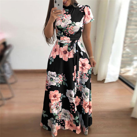 2023 Casual Summer Dress  Short Sleeve Long Dress Boho Floral Print Maxi Dress Turtleneck Bandage Elegant Dresses Vestido