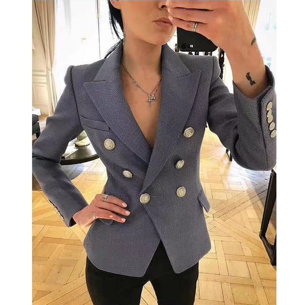 2022 Light Blue Blazers Women Double-breasted Silver Metal Lion Head Button Thick Work Office Lady Blazer Coats