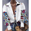 2023 Womens Flowers Blouses Long Puff Sleeve V Neck Shirts Decorative Pattern Loose Tops Casual Lady Shirt Blouse