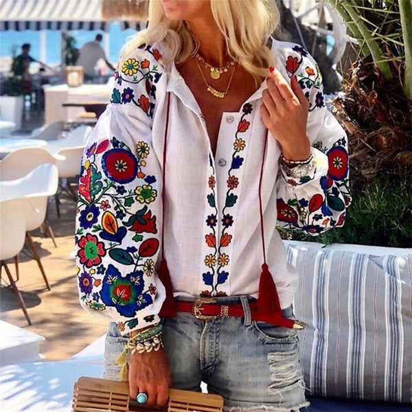 2023 Womens Flowers Blouses Long Puff Sleeve V Neck Shirts Decorative Pattern Loose Tops Casual Lady Shirt Blouse