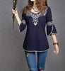 2023 Women Cotton 3/4 Sleeve Ethnic Totem Pattern Embroidered Bordered Ladylike Tops Blouse Shirts