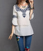 2023 Women Cotton 3/4 Sleeve Ethnic Totem Pattern Embroidered Bordered Ladylike Tops Blouse Shirts