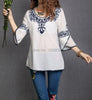2023 Women Cotton 3/4 Sleeve Ethnic Totem Pattern Embroidered Bordered Ladylike Tops Blouse Shirts
