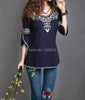 2023 Women Cotton 3/4 Sleeve Ethnic Totem Pattern Embroidered Bordered Ladylike Tops Blouse Shirts