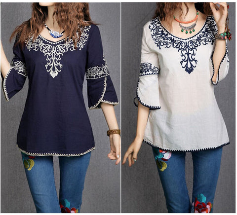 2023 Women Cotton 3/4 Sleeve Ethnic Totem Pattern Embroidered Bordered Ladylike Tops Blouse Shirts