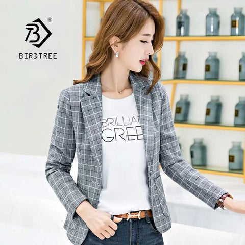 2023 Women's Vintage Plaid Slim Short Blazer Pocket Coat Notched Full Sleeve Single Button Femme Top Jacket C96208Z
