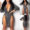 2022 est  Sexy Women Ladies Sequined Party Club Dress Clothing Deep V Neck Long Sleeve Split Bodycon Dance Dress
