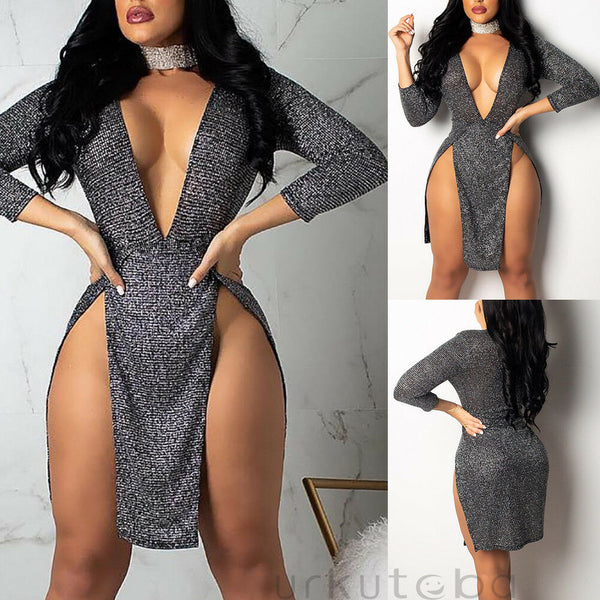 2022 est  Sexy Women Ladies Sequined Party Club Dress Clothing Deep V Neck Long Sleeve Split Bodycon Dance Dress
