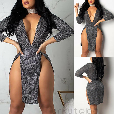 2022 est  Sexy Women Ladies Sequined Party Club Dress Clothing Deep V Neck Long Sleeve Split Bodycon Dance Dress