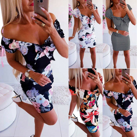 2022 est  Women Bandage Sheath Bodycon Ladies Floral V Neck Casual Sleeve Bandage Evening Party Club Sexy Mini Dress