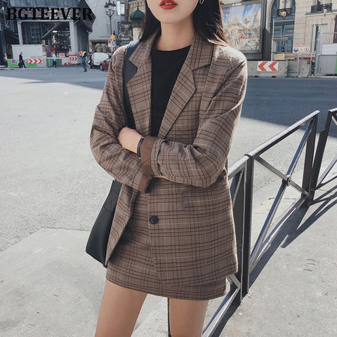 2022 Retro Plaid Blazer Sets Single-breasted Jacket & Pencil Skirt Vintage 2 Pieces Skirt Suits Female Office Ladies Blazer Suit