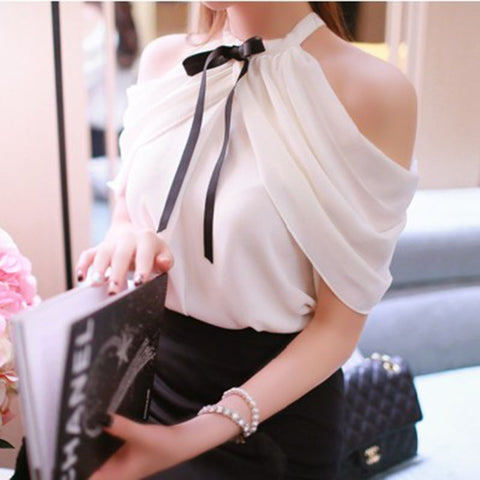 2023 Spring Summer Style Shirt Women White Blouses Sexy Tie Bow Chiffon Blouse Female Slim Slash Neck Shirts Blusas Tops AB1405