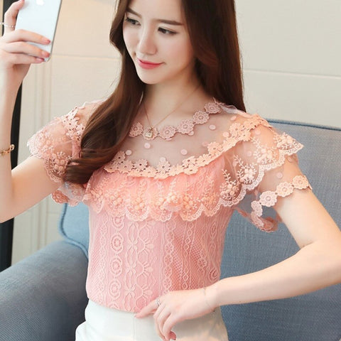2023 Summer Autumn Women Ruffles Hollow Out Lace Shirt Sweet Floral Mesh Blouse Female Short Sleeve Blouses Blusas Tops AB1484