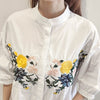 2023 Summer Casual Tops Embroidery Female Blouse Flower Pattern Stand Collar Lantern Sleeve Cotton Women Shirts