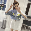 2023 Summer Casual Tops Embroidery Female Blouse Flower Pattern Stand Collar Lantern Sleeve Cotton Women Shirts