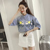 2023 Summer Casual Tops Embroidery Female Blouse Flower Pattern Stand Collar Lantern Sleeve Cotton Women Shirts