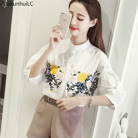 2023 Summer Casual Tops Embroidery Female Blouse Flower Pattern Stand Collar Lantern Sleeve Cotton Women Shirts