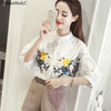 2023 Summer Casual Tops Embroidery Female Blouse Flower Pattern Stand Collar Lantern Sleeve Cotton Women Shirts