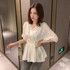2023 Summer Women Special Design Elegant Chiffon Blouse Slim Shirt Korean Solid Casual Short Sleeve White Shirt Tops