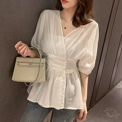 2023 Summer Women Special Design Elegant Chiffon Blouse Slim Shirt Korean Solid Casual Short Sleeve White Shirt Tops