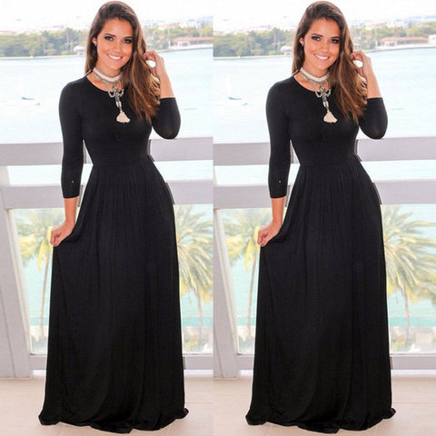 2023  Autumn Women Dress Long Sleeve O-Neck Black Floor-length Maxi Dresses