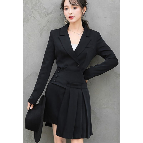 2022 casual suit collar black Slim irregular skirt + long-sleeved jacket 2 sets sexy office   single-breasted jacket