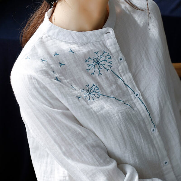 2023 literary embroidered stand collar shirt women single-breasted double layer cotton loose white blouse