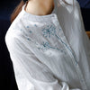 2023 literary embroidered stand collar shirt women single-breasted double layer cotton loose white blouse