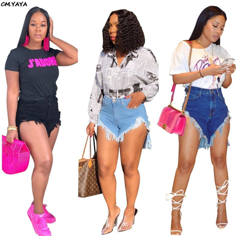 2022 women summer hole hem irregular high waist boot cut above knee jeans shorts short denim pants trousers SJ3269