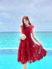2023 summer heavy work lace openwork retro red dress waist dress Knee-Length  Tank  Lace  Sleeveless