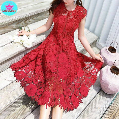2023 summer heavy work lace openwork retro red dress waist dress Knee-Length  Tank  Lace  Sleeveless