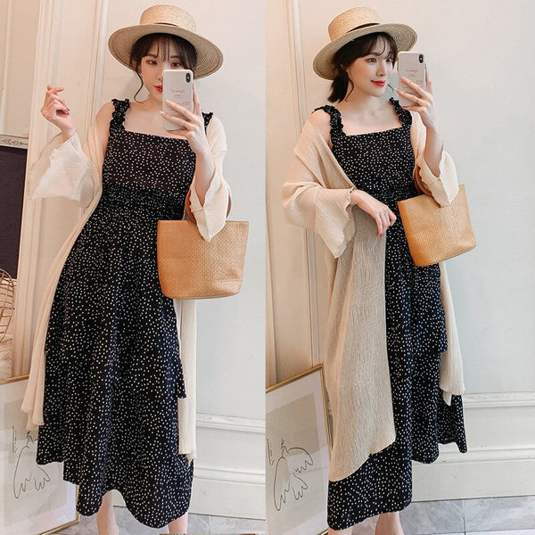 2022 summer sweet French strap beach skirt Chiffon sunscreen cardigan suspender long dress two piece set