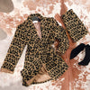 2023 women's autumn and winter woolen suit long sleeve shirt + mini skirt two-piece suit leopard suit