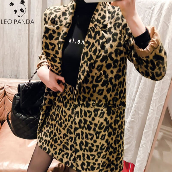2023 women's autumn and winter woolen suit long sleeve shirt + mini skirt two-piece suit leopard suit