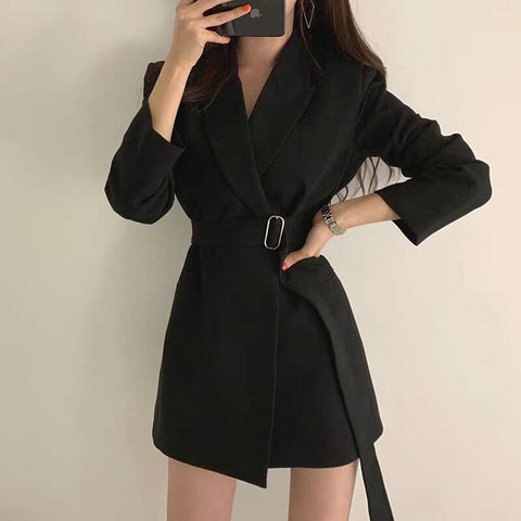 2022 Autumn Korean OL Women Blazer Jacket With Belt Suit Coats Ladies Solid Color Overcoats Female England Style Outwear