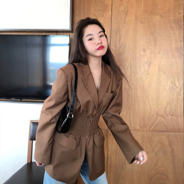 2022 Autumn Women Gold Brown Pleated Waist Suit Loose Suit High-quality Tops Ladies Blazer Slim Women Coats