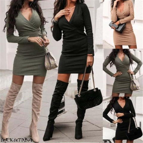 2022 Autumn Trend Women's Long Sleeve V-neck Party Sweater Short Mini Dress Jumper Mini Dress Winter V-neck Party Dresses