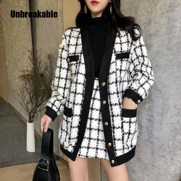 2022 Autumn Winter 2 Piece Set Women Long Sleeve Tweed Wool Jacket Coat+Mini Wool Skirt Set Ladies Vintage Clothing Sets
