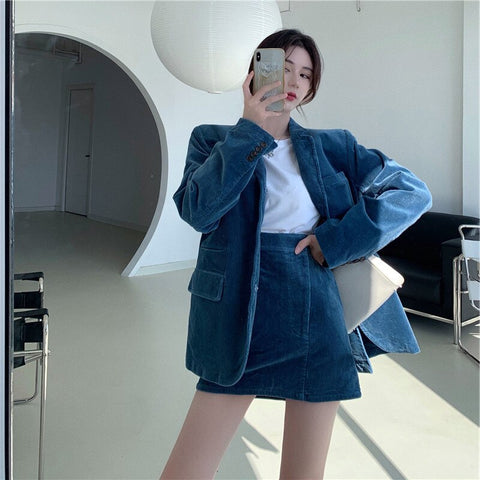 2022 Autumn Winter Office Ladies Suits S-4XL Long Sleeved Corduroy Blazers+High Waist Mini Skirt Oversized Two-piece Women