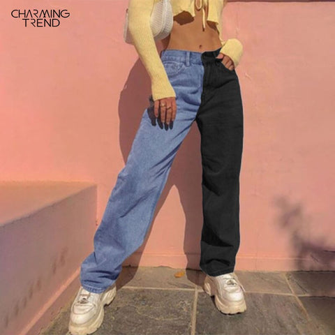 2022 Autumn Winter Patchwork Straight Women's Jeans Baggy Vintage High Waist Boyfriends Mom Denim Streetwear Pants Ladie