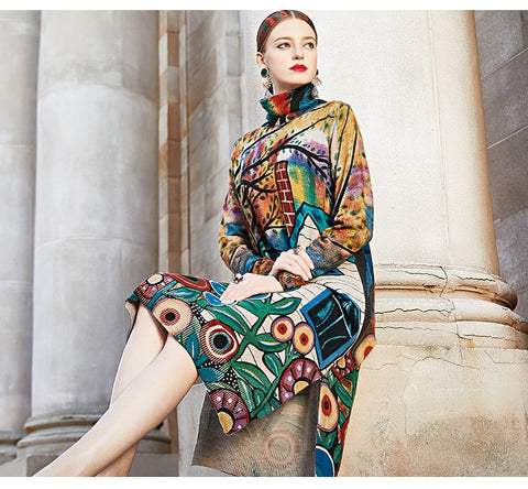 2022 Autumn Winter Vintage Casual Floral Warm Long Turtleneck Wool Sweaters Elegant Women Print Bodycon Knitting Sweater Dresses