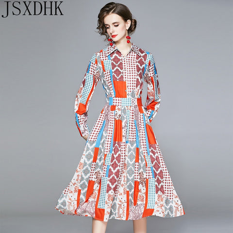2022 Autumn Winter Women Runway Designer Dresses Long Sleeve Plus Size Elegant Slim Vintage Print Midi Dress Ladies Party Dress