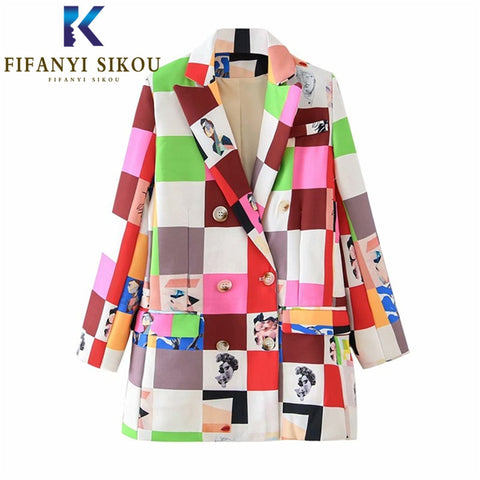 2023 Autumn Women Plaid Blazer Jacket Double Breasted Lapel Print Suit Jacket Streetwear Loose Womens Chic Blazers Coat