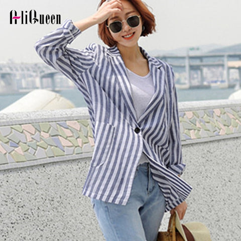 2023 Autumn Women Stripped Notched Coat  Jacket Ladies Casual Blazers One Button Vintage Cotton and Linen Pockets Tops