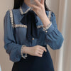 2023 Autumn Women's Cute Bow Tie Tops Preppy Style Vintage Japaneses Korea Design Button Elegant Formal White Shirts Blouses