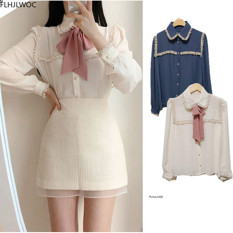 2023 Autumn Women's Cute Bow Tie Tops Preppy Style Vintage Japaneses Korea Design Button Elegant Formal White Shirts Blouses