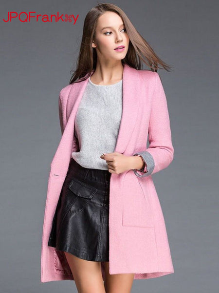 2023 Autumn and Winter Woolen Coat Women's Long Suit Collar Single Button Solid Color Suit Jacket Blazer Women