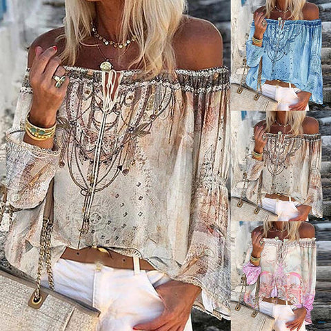 2023 Blouses Women Long Sleeve Off Shoulder Floral Print Hollow Out Lace Up Blouse Shirt Top Women's Clothing блузка женская