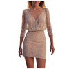 2022 Elegant Women Long Sleeve Dress Sexy V-neck Slim High Waist Sequins Beading Women Above Maxi Party Dress Vestidos