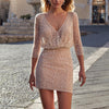 2022 Elegant Women Long Sleeve Dress Sexy V-neck Slim High Waist Sequins Beading Women Above Maxi Party Dress Vestidos